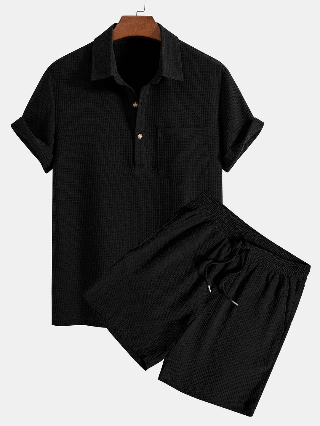 Waffle Polo Collar Shirt With Pocket & Waffle Shorts