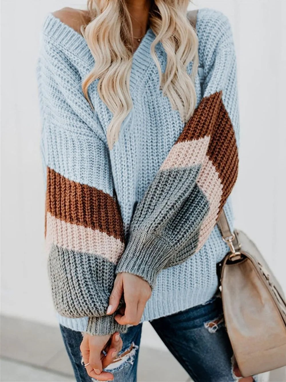 Sweater en Tricot à Rayures avec Élégantes Manches Lanternes et Col en V