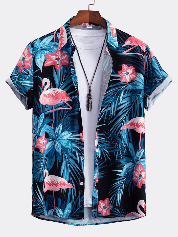 Flamingo Tropical Print Button Up Shirt & Swim Shorts