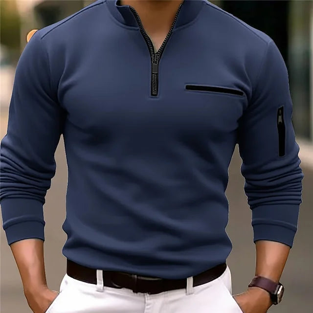 Stylish Long-Sleeve Sports Polo Shirt with Zippered Stand-Up Collar - Classic Solid Color Design