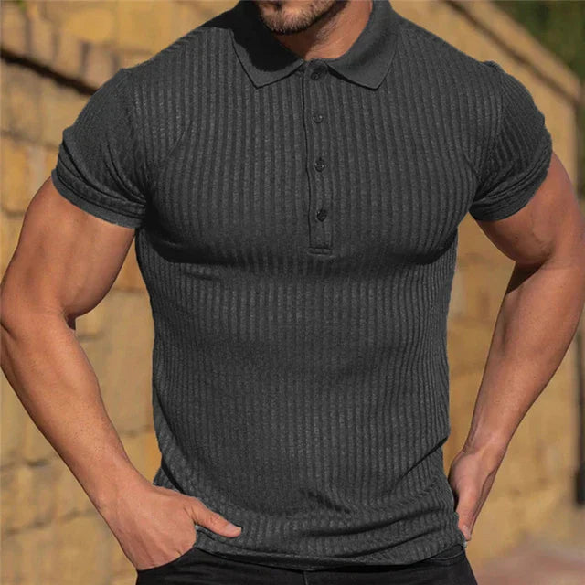 Stylish Men's Slim Fit Ribbed Polo Shirt - Breathable Comfort in Solid Colors