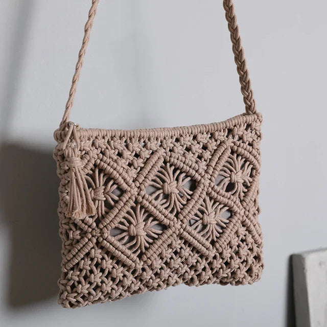 Boho woven straw shoulder bag for women