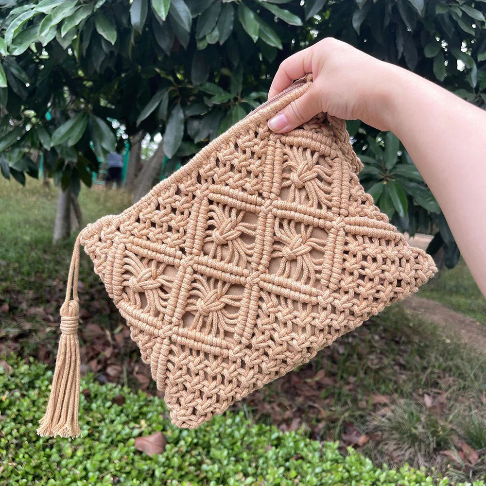 Boho woven straw shoulder bag for women