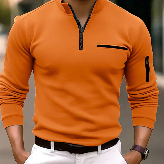 Stylish Long-Sleeve Sports Polo Shirt with Zippered Stand-Up Collar - Classic Solid Color Design