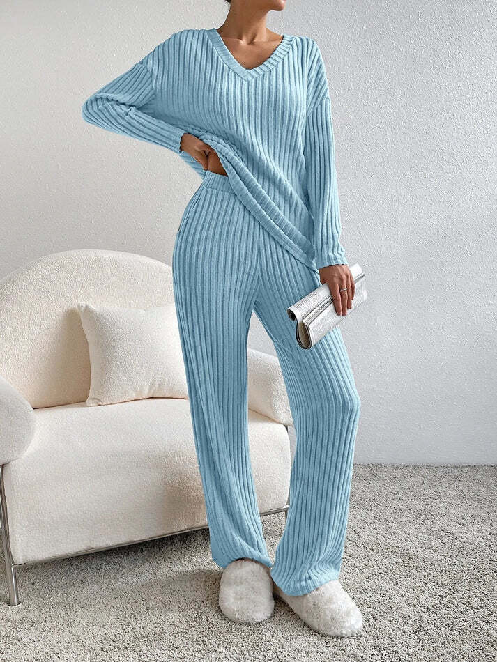 Ava™ Ribbed Knit V Neck Two-Piece Lounge Set