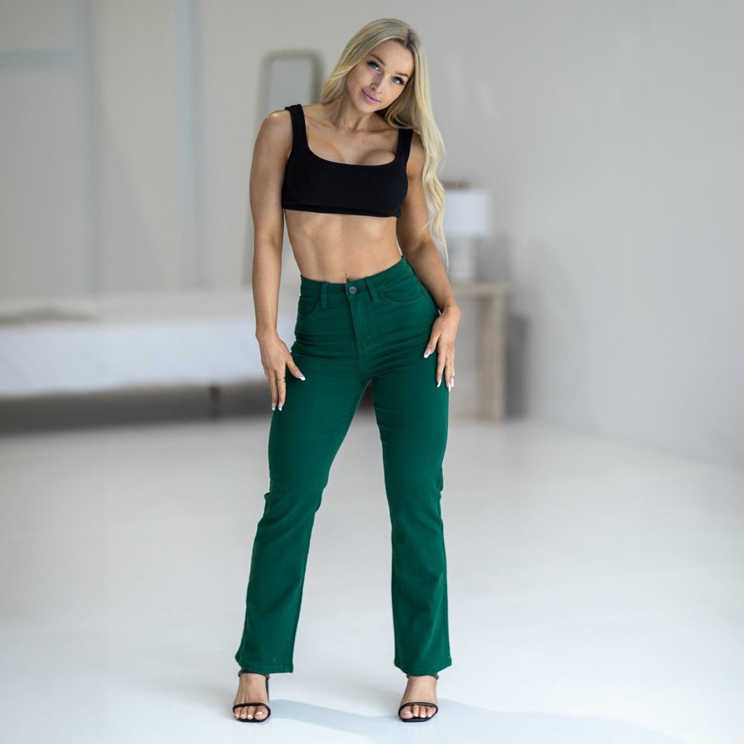 Radiant Emerald Flare Fit Jeans for a Trendy Look