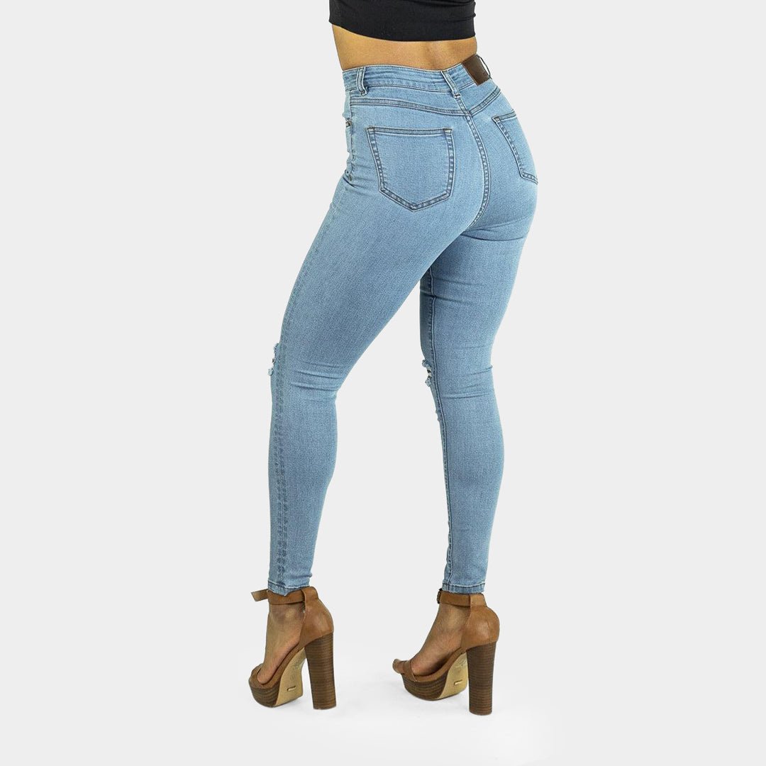 Elevate Your Style: High-Waisted Skinny Jeans with Chic Blue Sky Knee Rips