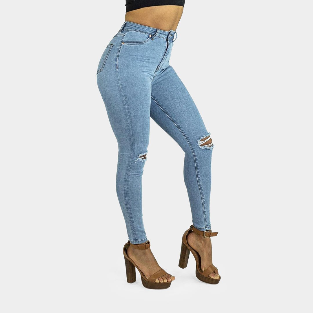 Elevate Your Style: High-Waisted Skinny Jeans with Chic Blue Sky Knee Rips