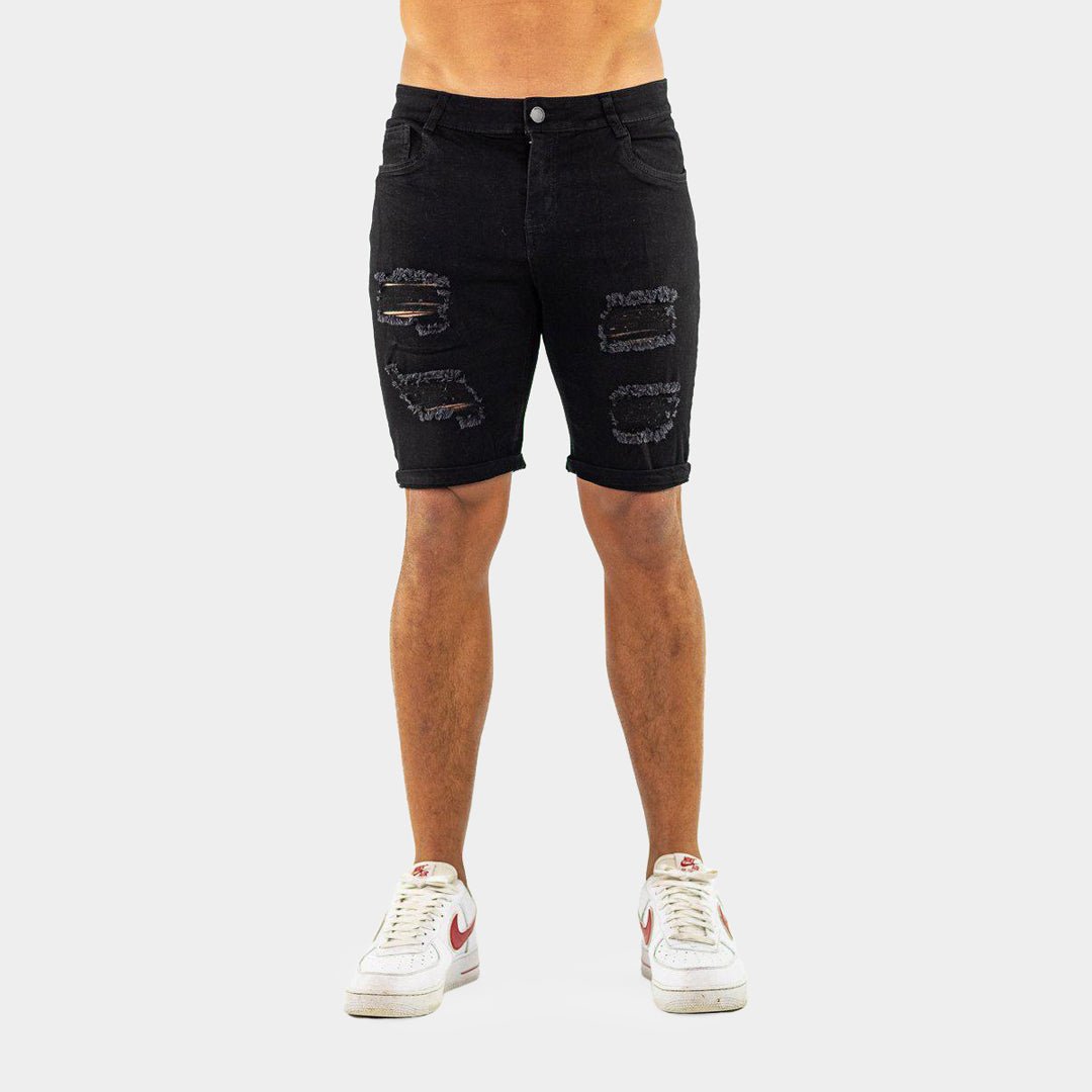 Ultra Stretch Denim Shorts - Black Ripped