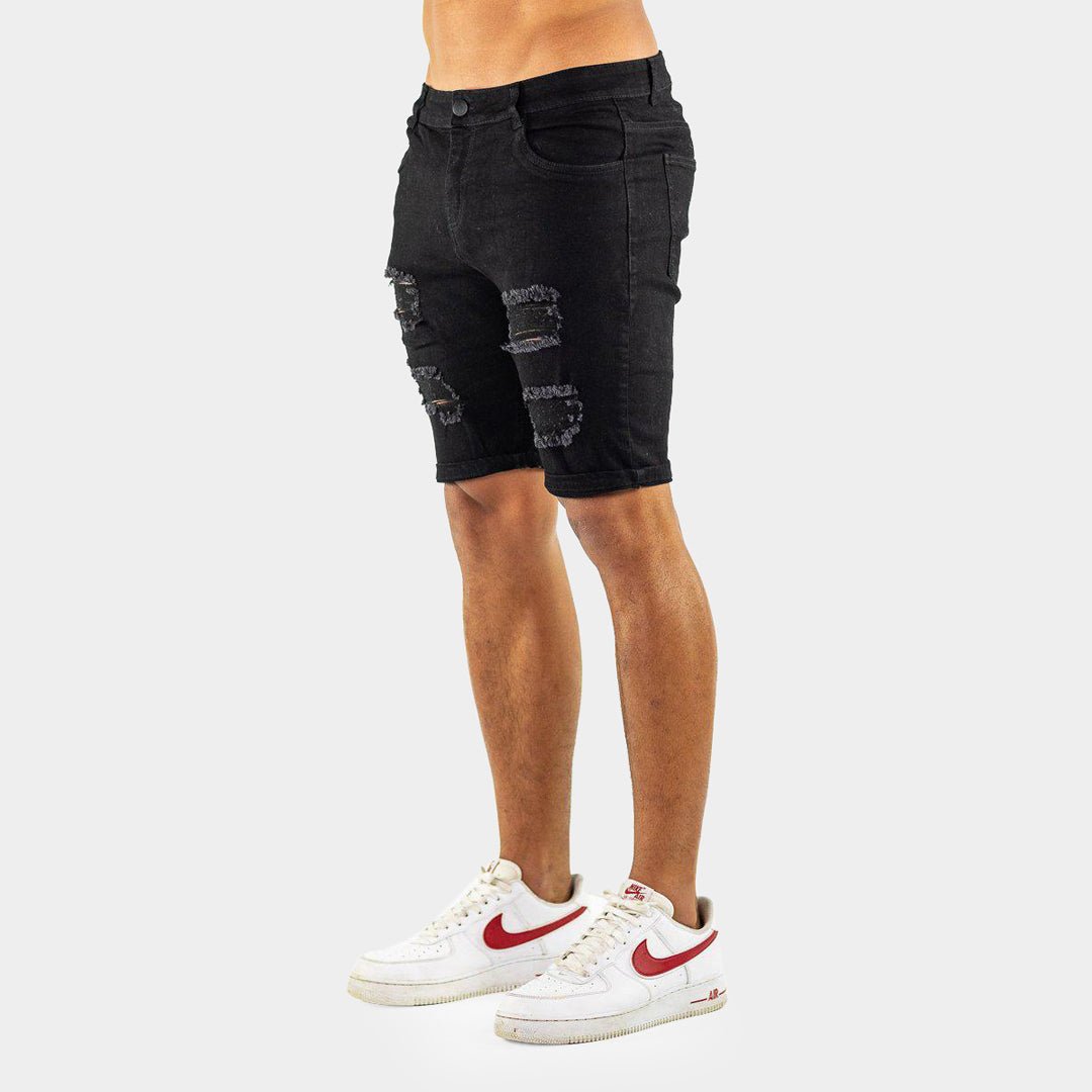 Ultra Stretch Denim Shorts - Black Ripped