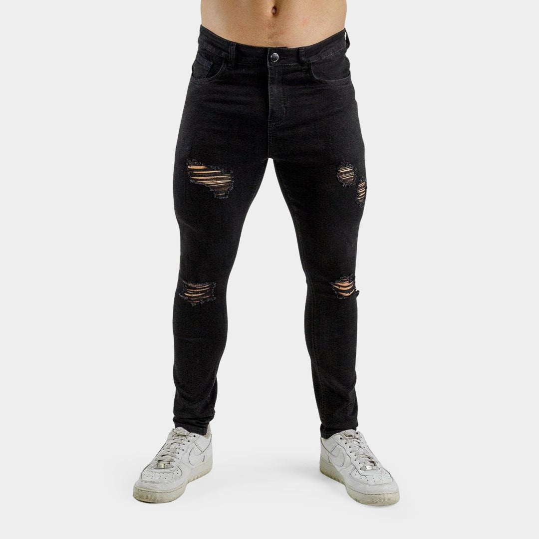 Ultra Stretch Jeans - Skinny Fit - Black Ripped & Repaired